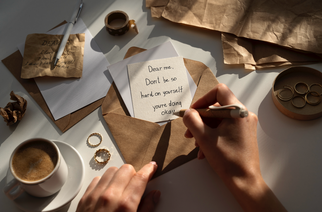Hand writing a heartfelt note on pretty stationery with a cup of coffee nearby